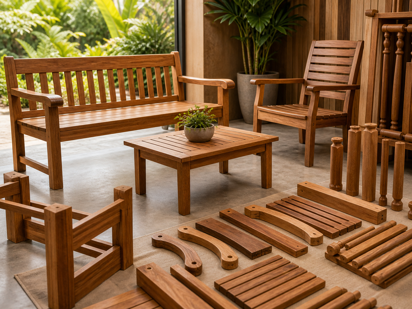 Móveis de madeira para jardim e interiores